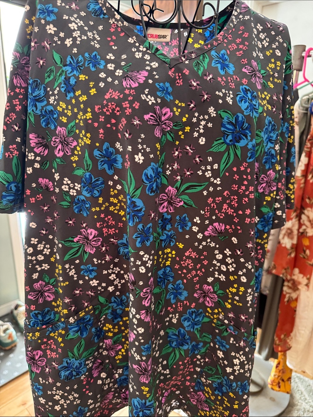 Scrubstar Black Floral Midi Dress with Blue, Pink & Green Accents